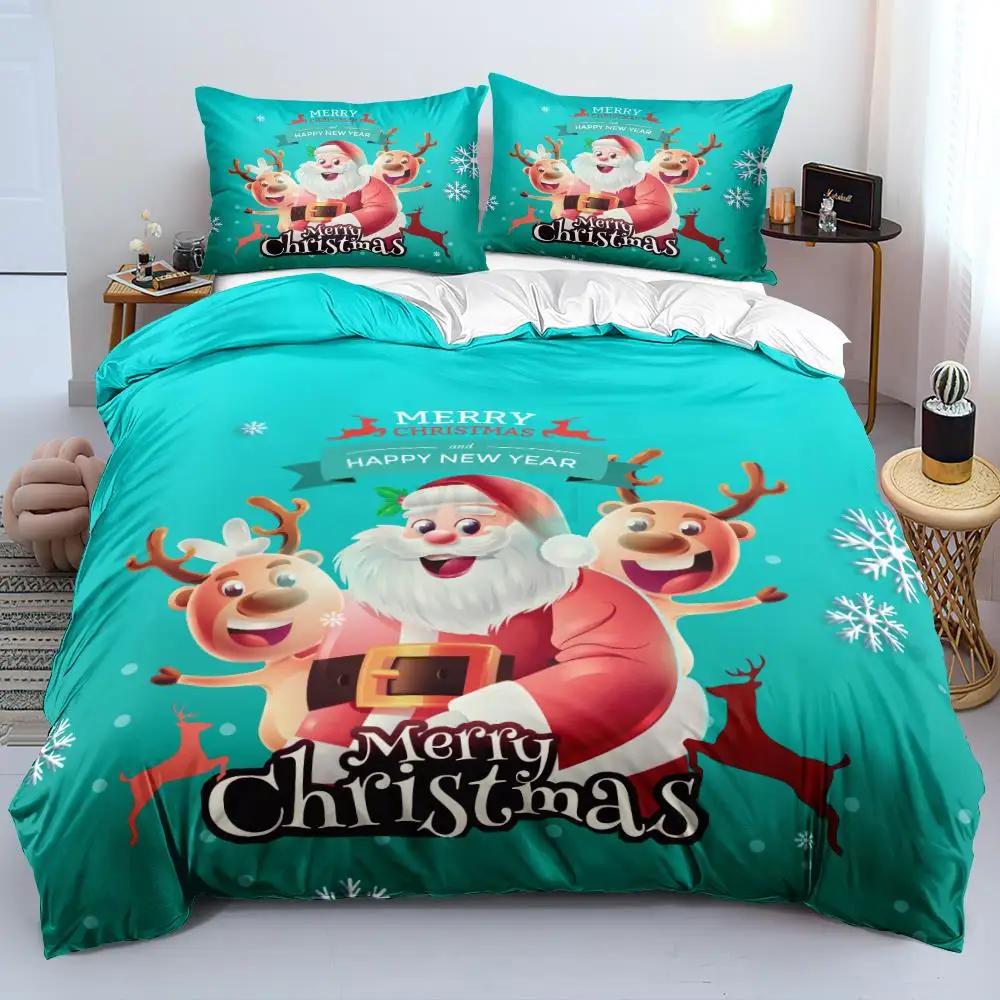 3D Christmas King Queen Duvet Cover Set Kids Cartoon Merry Christmas Red Quilt Cover 2/3pcs Polyester Beddings Set Single Double