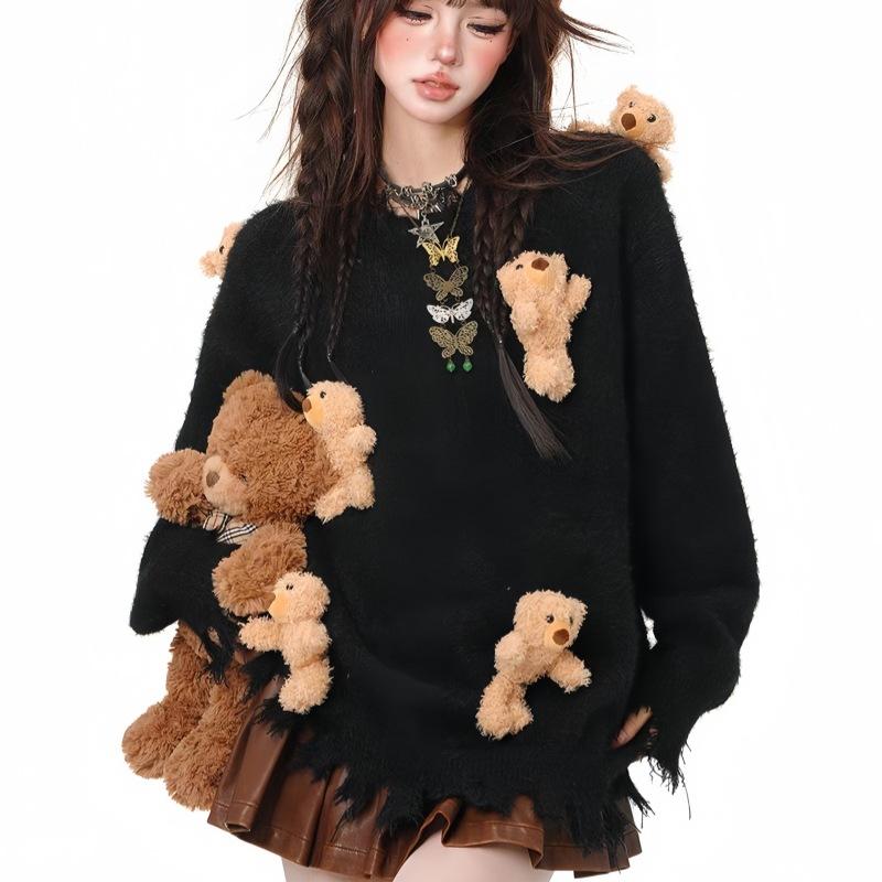 Sweet and Lazy Sweater Women's Bear Accessories Soft Waxy Autumn and Winter Loose Long-sleeved Knitted Sweater Top Women's Clothing
