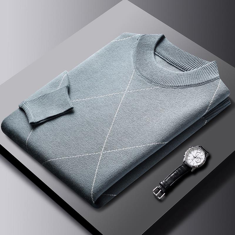 Men s 2025 Autumn/Winter Diamond Jacquard Knit Sweater - Round Neck, Long Sleeve XL