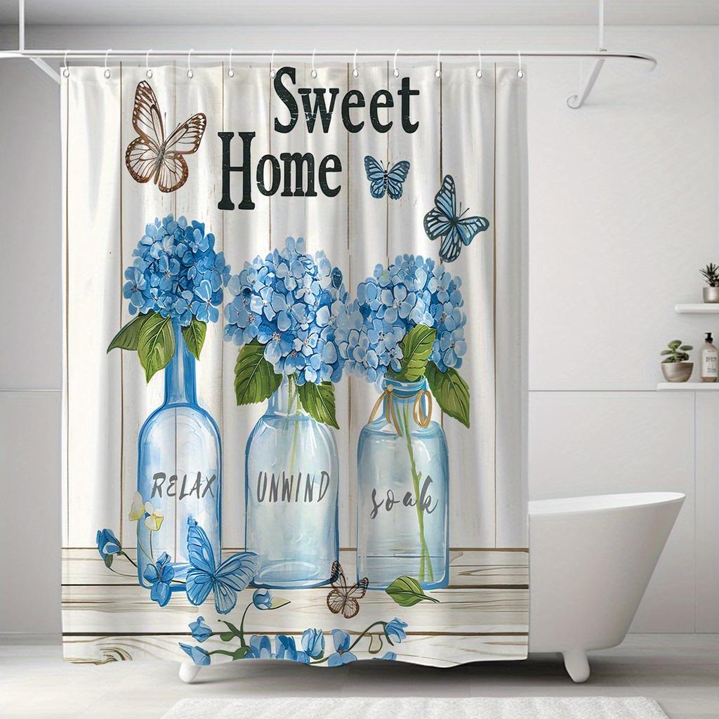 1pc Sweet Home Floral Shower Curtain - Blue Hydrangea & Butterfly, Polyester, 71x71", 12 Hooks, Moisture-Repellent, Easy-Clean