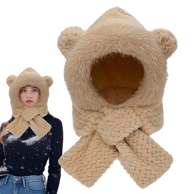 Bear Ears Hat Bunny Ear Hat Cute Winter Hat Bear Scarf Plush Hat Bear Costume Bear Hood For Kids Women Young People Elderly
