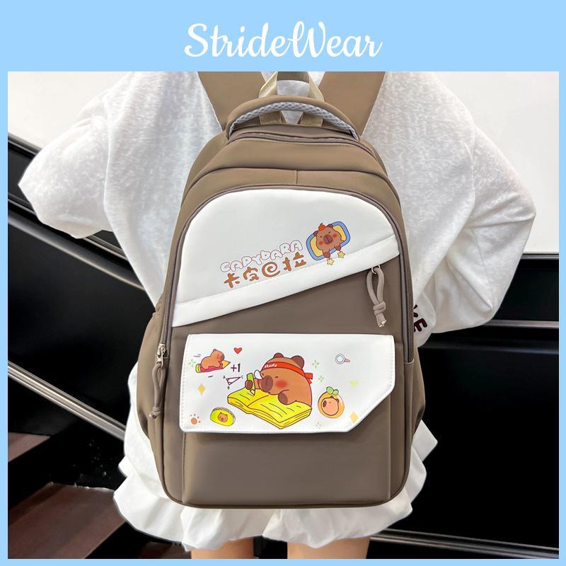 Pattern Capybara Cartoon Nylon Backpack With Striped Stitching For School Travel