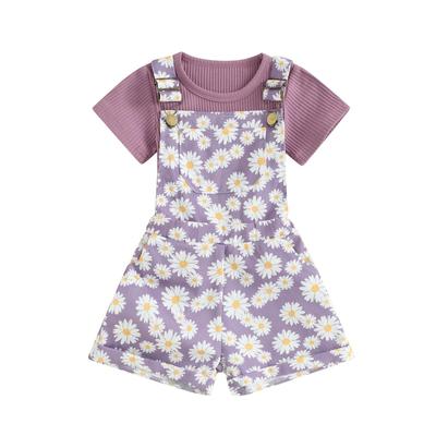 Toddler Girl Shorts Outfit Solid Color Ribbed Short Sleeve T-Shirt with Daisy Print Overall Shorts 2 Pcs Summer Clothes