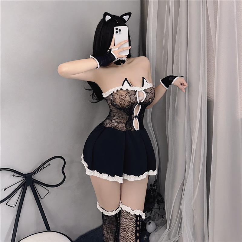 Erotic Cat Girl Lingerie Maid Costumes Women Sexy Tube Top Net Hollow Back Split Sweet Bow Hollow Nightgowns Anime Cosplay Dress