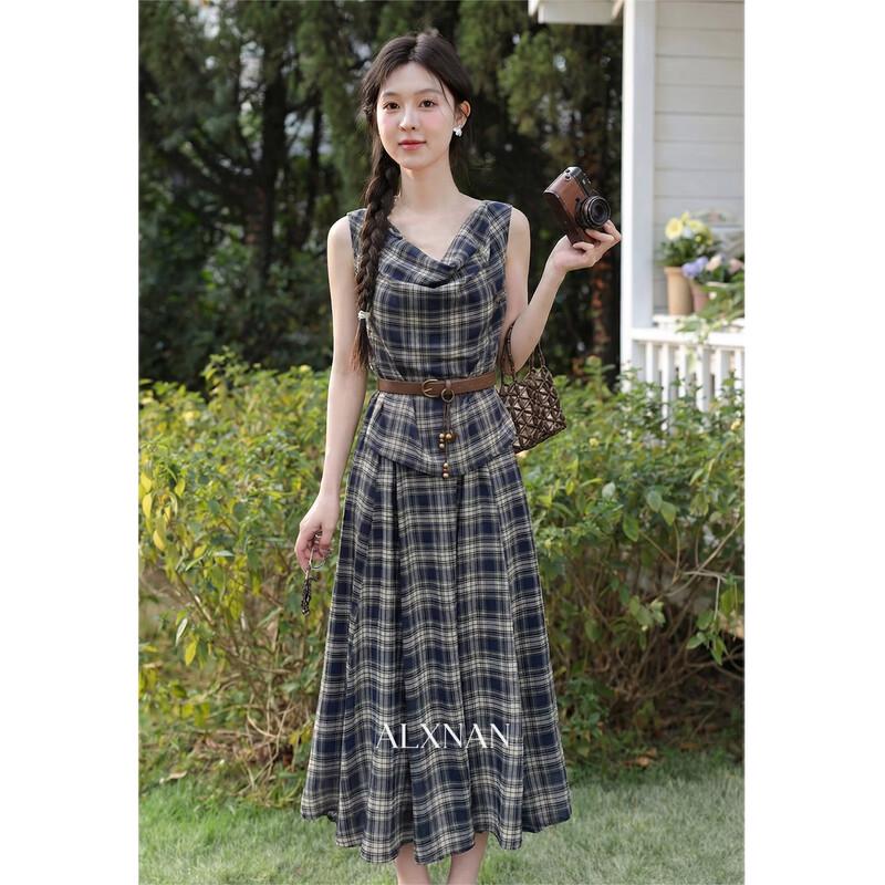 Lu Xiangnan French Retro Blue Plaid Sleeveless Dress