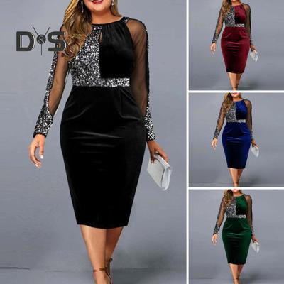 Women Formal Party Dress Banquet Dress Color Matching Shiny Sequin Long Sleeves Round Neck Mesh Patchwork High Waist Slim Fit Spring Fall Evening