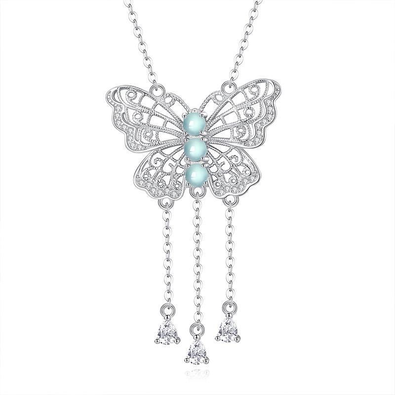 Natürlicher Jadeit Filigran Hohl Fransen Schmetterling Anhänger S925 Sterlingsilber Neue Chinesische Halskette Schmetterling Schlüsselbein Kette Feiertagsgeschenk