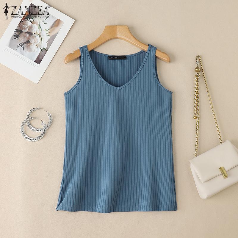 

ZANZEA Women Summer V-Neck Sleeveless Solid Casual Rib Tank Tops Undershirts M синий