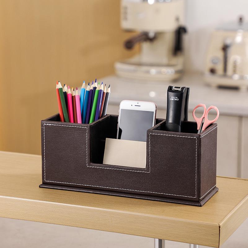 Leather Double Pen Holder - Multifunctional Desktop Storage Box for Office Stationery