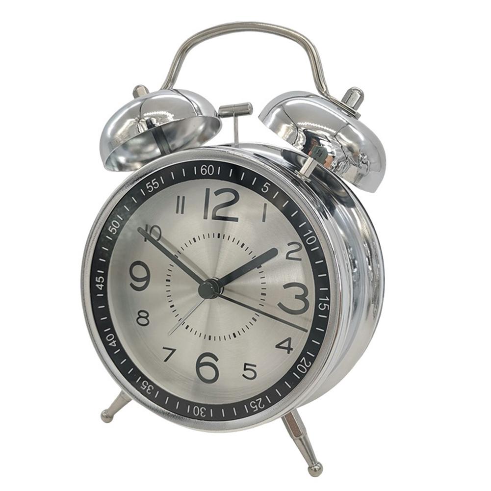 4-inch Desk Alarm Clock Silent Non-ticking Twin Bell Table Clocks With Light For Bedroom Home Office Decor silver#0