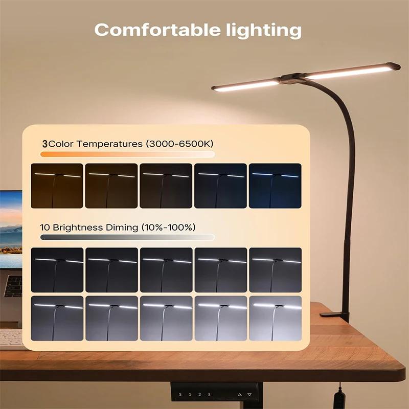 Powerful LED Desk Lamp, Double Head Lamps with Clip, Illuminated Architect Light with 3 Color Temperatures&Brightness