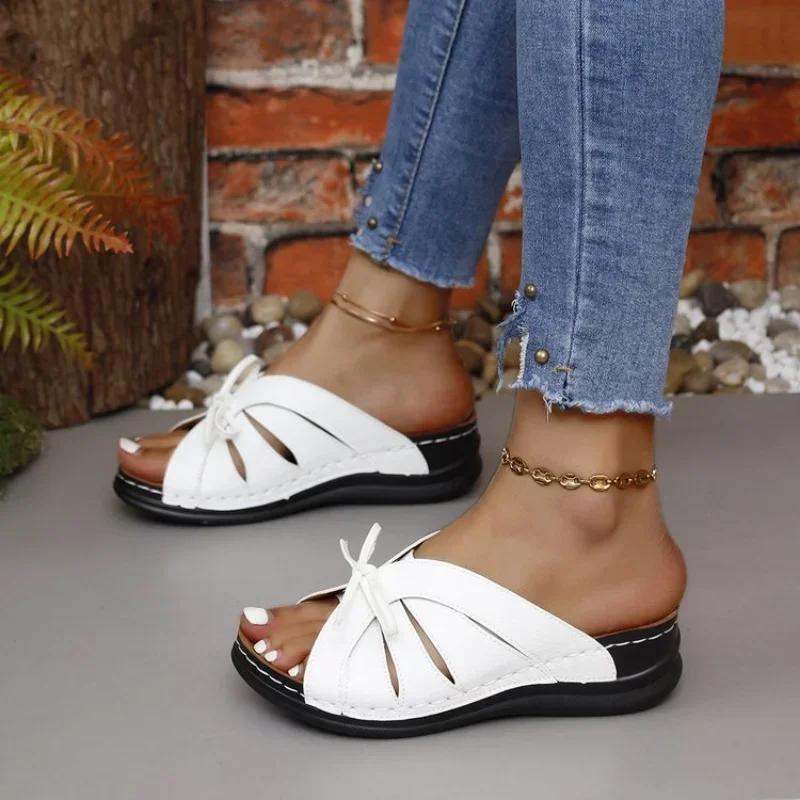 Fashion Women Bow Wedges Slippers Platform High Heels Shoes Summer Beach Flip Flops Female New Fashion Sandals Casual Slides Big Size 43