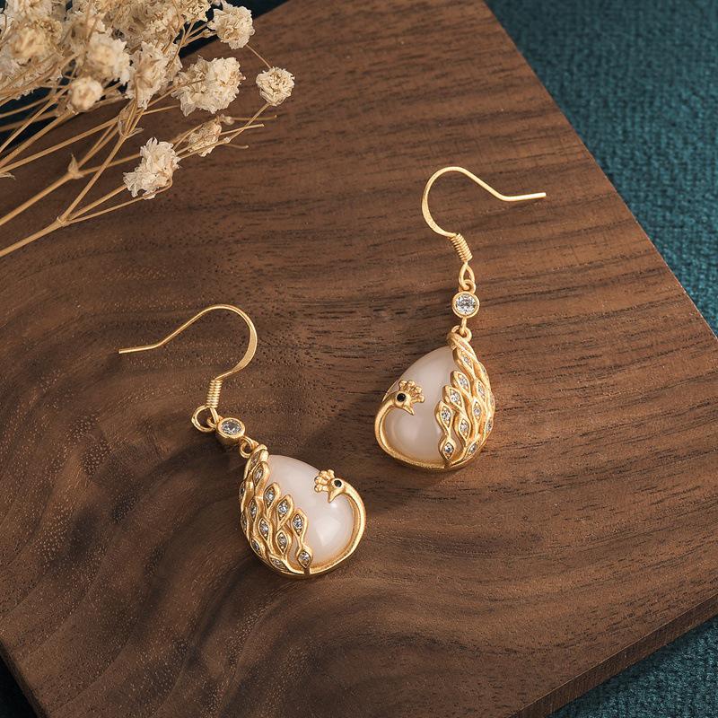 Peacock Imitation Hetian Jade Earrings: High-End Chinese Court Style with Fashionable Ear Hook for Women