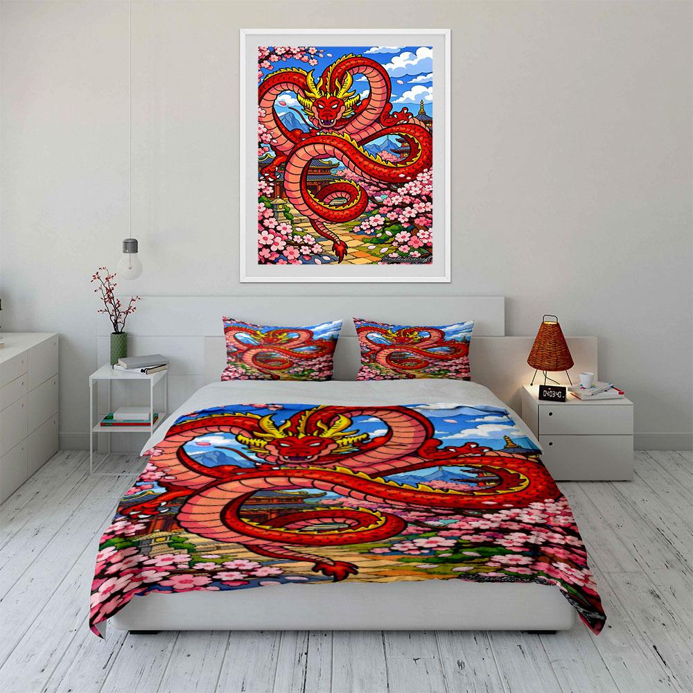 Red dragon with flowers. Bedding sets Duvet cover sets Duvet covers Pillowcases(1*Duvet Cover 2*Pillowcases without duvet insert)