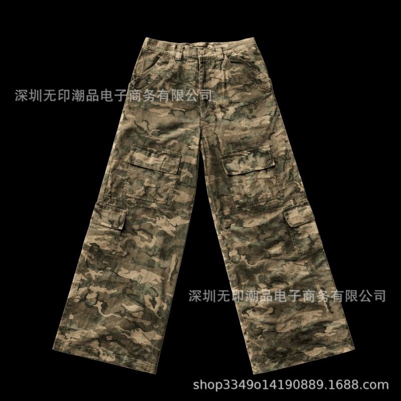 American Vintage Camo High Waist Straight Leg Jeans Street Style Loose Wide Denim Pants