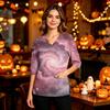 Women's Uniform with V-Neck and Pockets, Side Slit, Three-Quarter Sleeves, Halloween Print