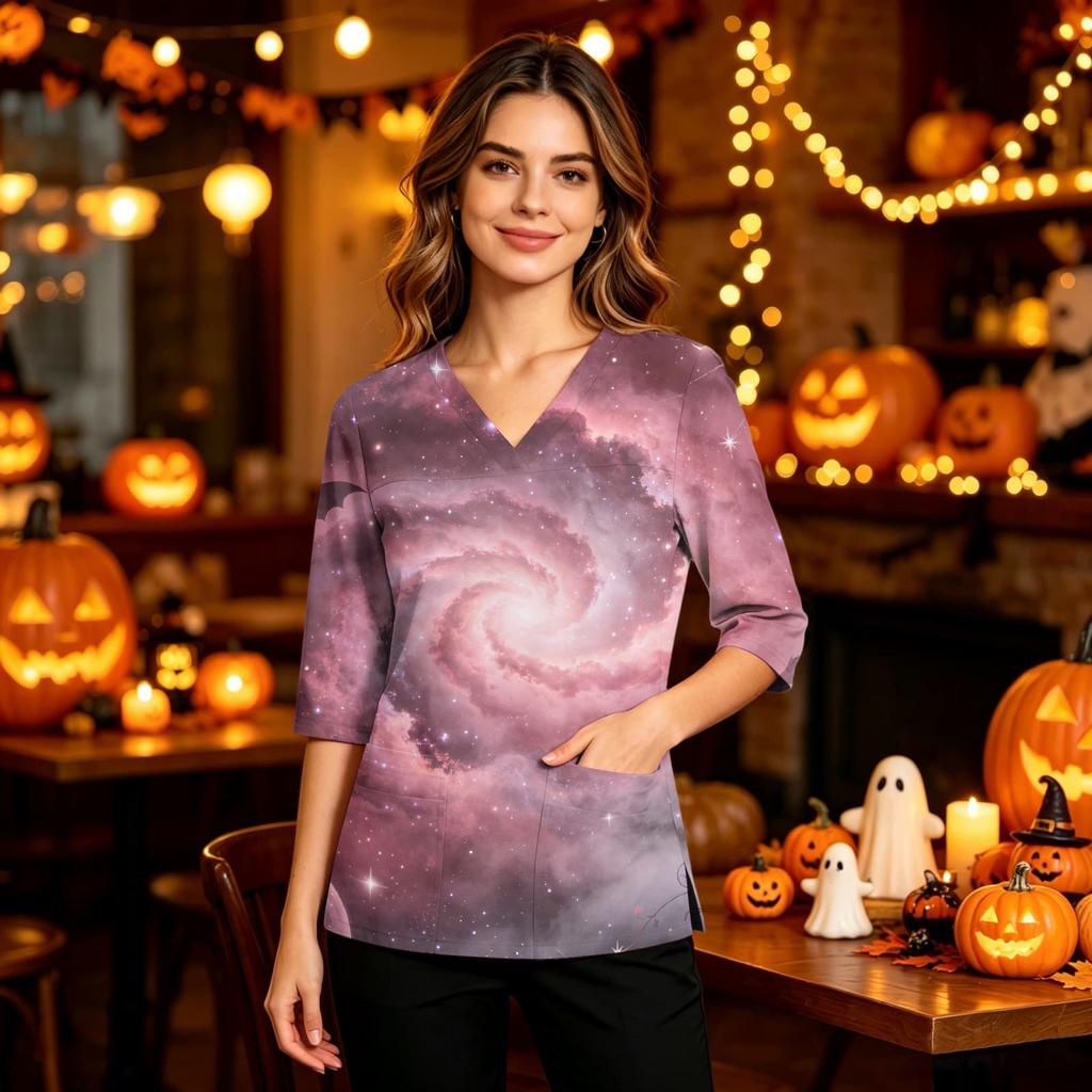 Women's Uniform with V-Neck and Pockets, Side Slit, Three-Quarter Sleeves, Halloween Print
