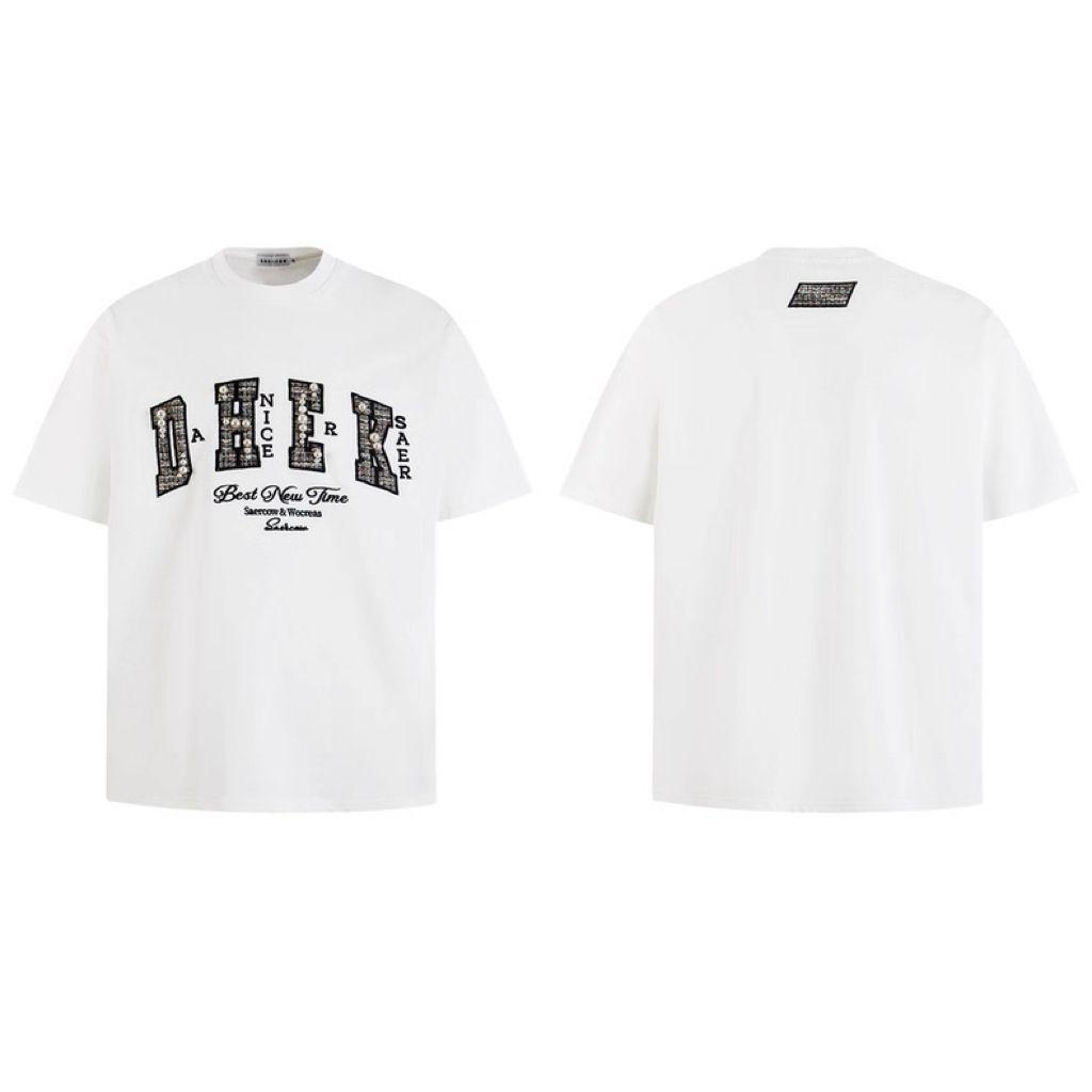 American Embroidered Letter Small Fragrant Wind Pearl Pure Cotton Short-sleeved T-shirt Women's Summer Design Sense of National Tide Brand Couple Top