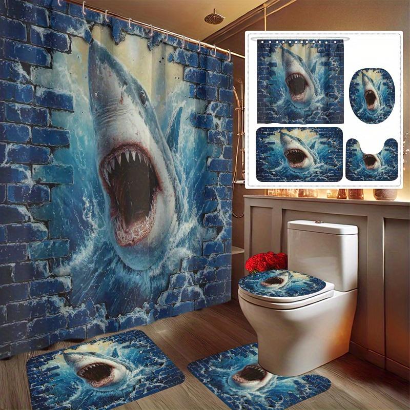 

4pcs Shark Breaking Through The Wall Print Shower Curtain, Shower Curtain Set, Comes with 12 Plastic Hooks, Machine Washable 90x180cm