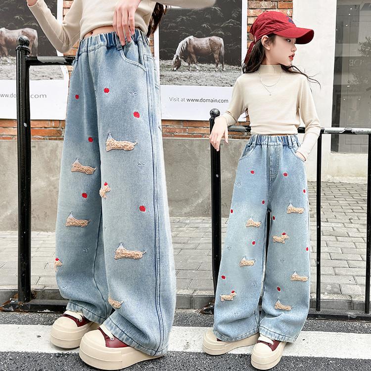 Girls' Straight Leg Pants Cartoon Towel Embroidered Jeans Children's Spring and Autumn Wide Leg Pants