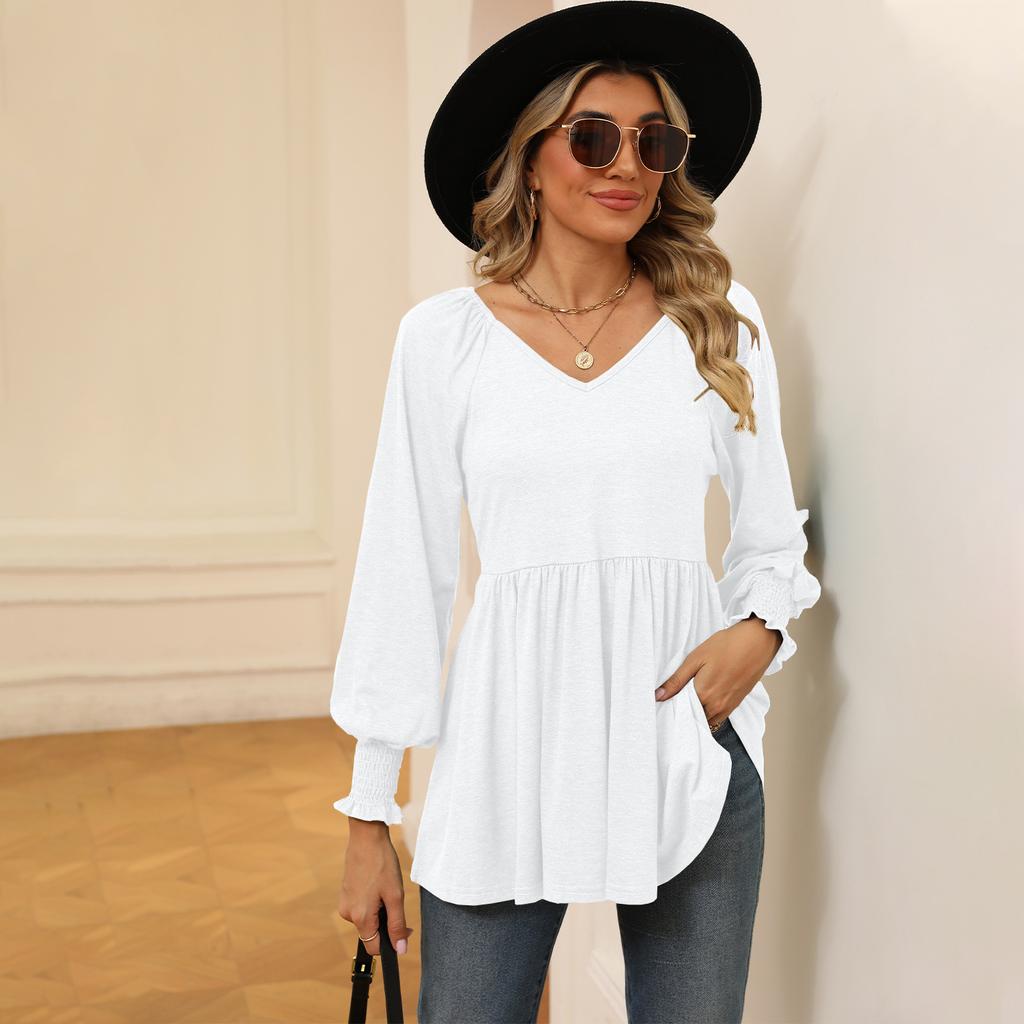 Women's Clothing Spring Autumn Tops V-neck T-shirt for Women Bubble Long Sleeve Elastic Waist Top