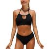 CHARMLEAKS Women's Two Piece Bikini Set Halter Neck Padded Wavy Edge Hollow Out Swimsuit Solid Swimmingwear