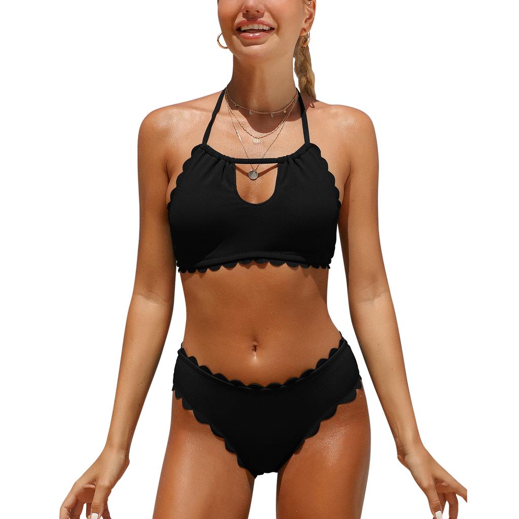 CHARMLEAKS Women's Two Piece Bikini Set Halter Neck Padded Wavy Edge Hollow Out Swimsuit Solid Swimmingwear
