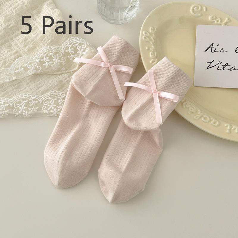 5 Pairs of Female Spring and Summer Small Fashion Design Sweet Lovely Ribbon Bow Socks