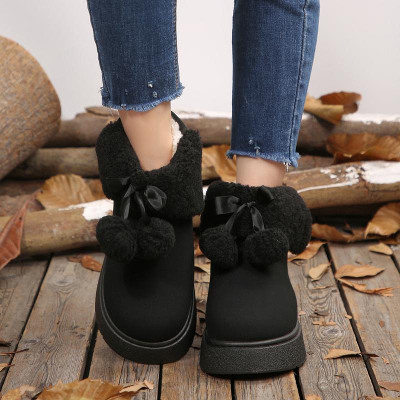 Soft Thick Bottom Furry Snow Boots Women 2025 Winter Chunky Platform Fluffy Fur Ankle Boots Cute Plush Ball Bowknot Cotton Shoes