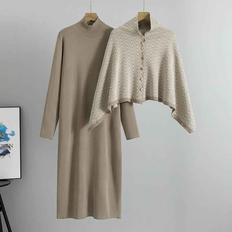 Women's Plus Size Temperament Dress Autumn Knit Slimming Shawl Coat Long Dress Two Piece Suit