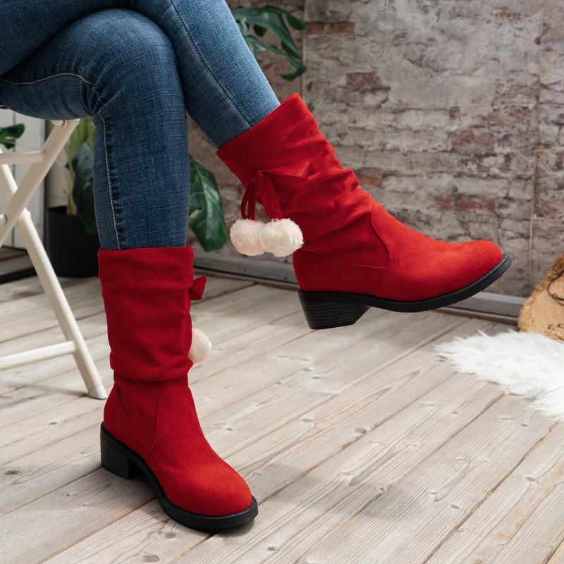 Fashion 2024 Winter Hot Sale Women's Fluffy Bowknot Ball Decor Boots Slip On Casual Chunky Heel Suede Boots Christmas Mid Calf Boots