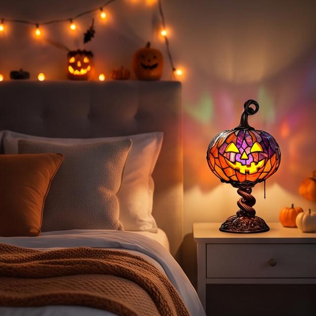 Stained Glass Pumpkin Table Lamp USB Powered Jack-O-Lantern Night Light Vintage Desktop Ornament for Halloween Decor Bedroom Living Room Office