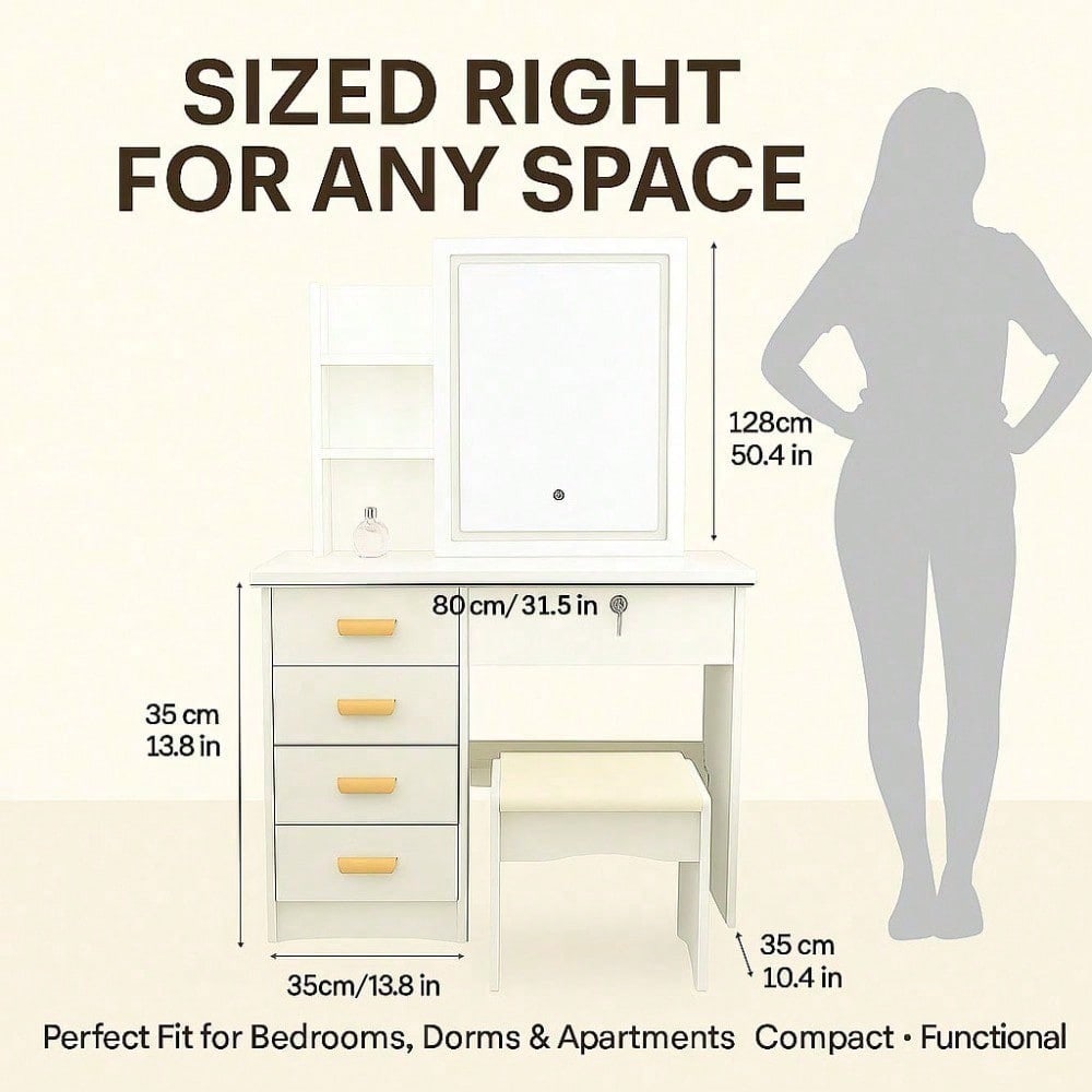 White Dressing Table with LED Circular Mirror, 2 Drawers & Shelves, Perfect Gift for Mother & Lover