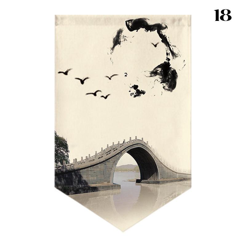 Chinese Landscape Painting Short Curtain Restaurant Cafe Decor Noren Home Window Decor Hanging Half Curtain Kitchen Partition