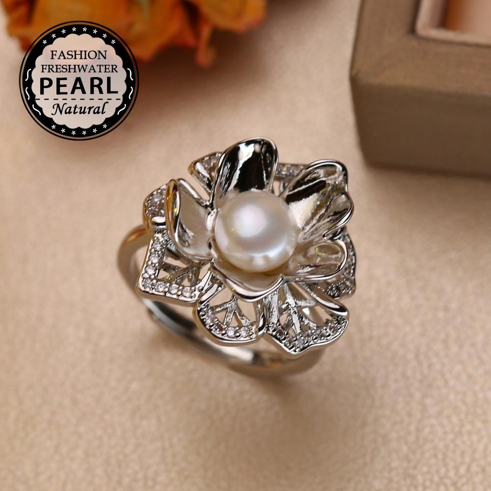 seniko Anelli di perle d'acqua dolce naturali per le donne Moda femminile Cubic Zirconia CZ Anello fiore Anello regolabile per gioielli con perle