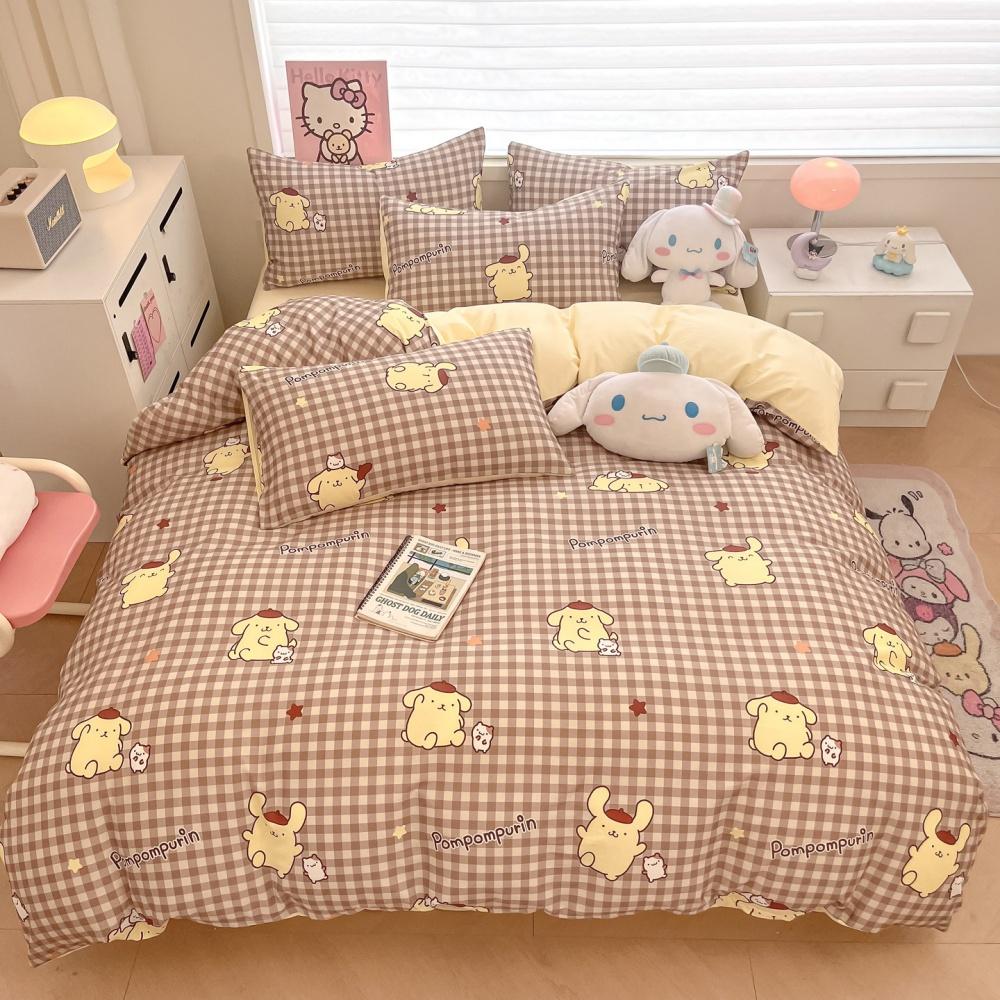 Cartoon Sanrio Kuromi Cinnamoroll Korean Version Sweet Lace Style Pure Cotton Bed Sheet Quilt Cover King Queen Three-Piece Set