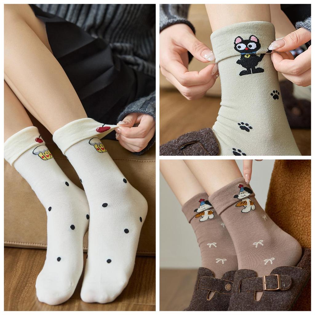 Women's 3D Cartoon Animal Polka Dot Mid-Calf Socks, Korean Sporty Academy Style