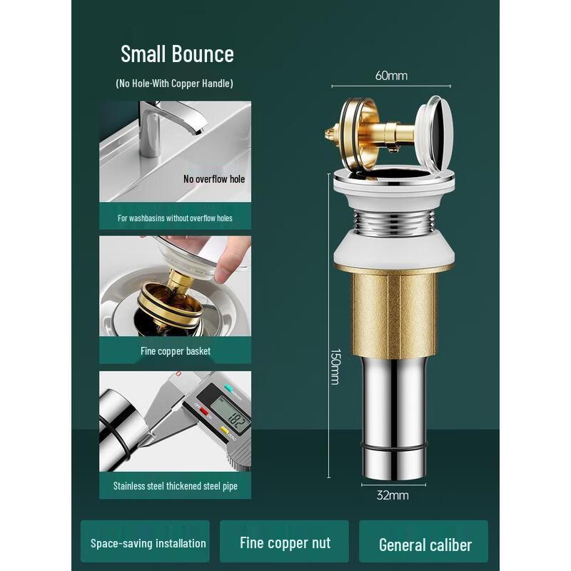 HANDUNYOU Upgraded Washbasin Pop-up Drain with Copper Strainer (No Overflow)