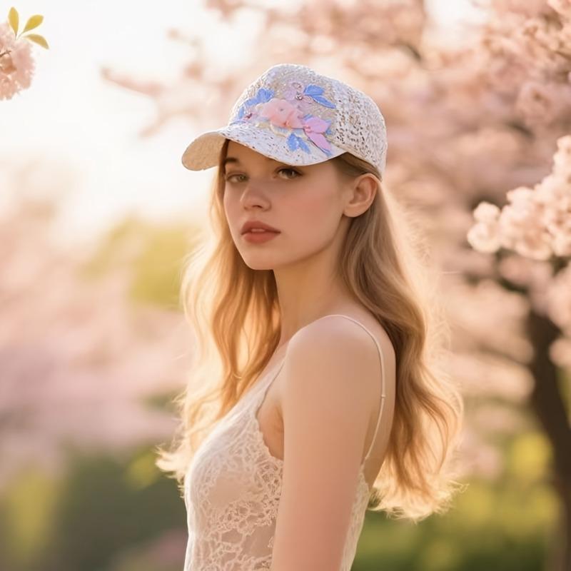 1pc Lace And Floral Baseball Cap for Women with Adjustable Hook-And-Loop Fastener And Sequins, Suitable for Parties And Outings