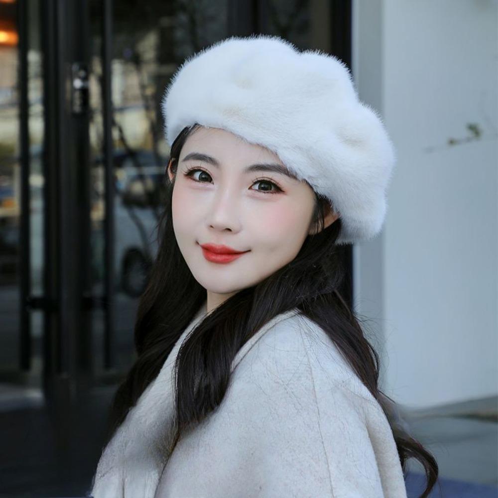 New Beret Women's Mink Hair Hat Pumpkin Foreign Style Fashion Thickened Versatile Octagonal Hat Winter Warm Hat