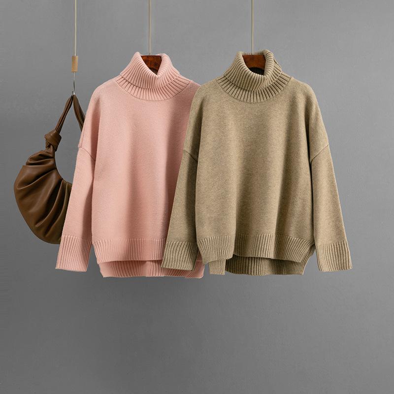 Dame Casual Løs Og Allsidig Høst Og Vinter Pullover Høy hals Ensfarget Genser Topp For Damer