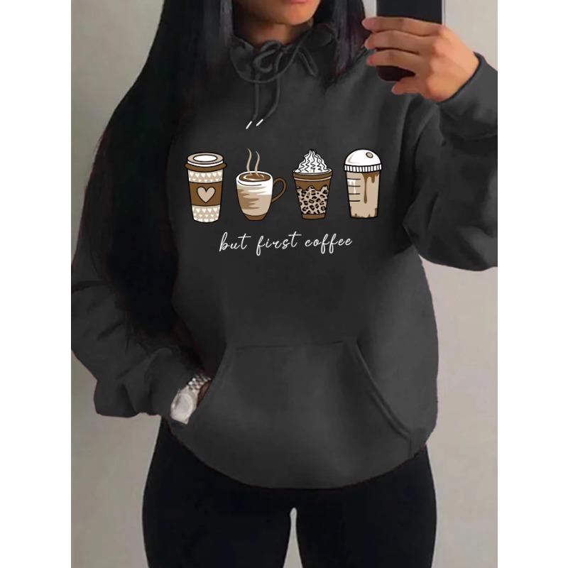 But First Coffee Cartoon Coffee Drink Pattern Hoodie Fashion Warm Casual Trendy Unisex Streetwear Pullover Sweatshirt Soft Fleece Material