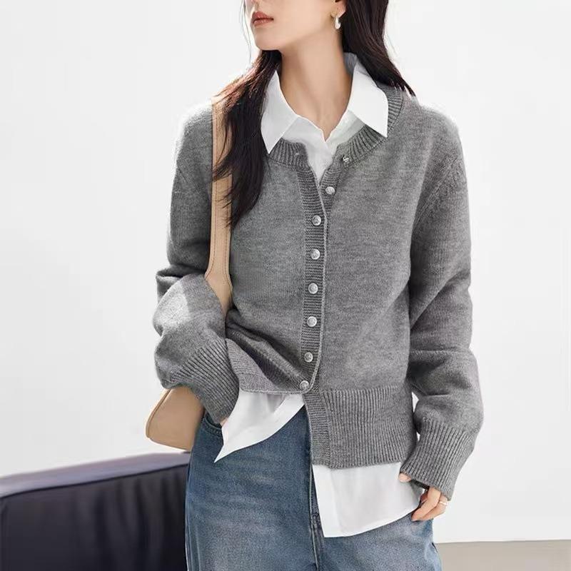 New single-breasted simple solid color round neck long-sleeved knitted cardigan women's versatile temperament sweater cardigan women's