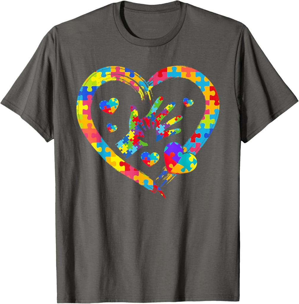 Autism Awareness Puzzle Heart Hands Love Graphic T-Shirt Casual Daily Cotton Short Sleeve Tee