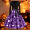 Women's Vintage Halloween Print V-Neck Dress, Long Sleeve Retro Party Outfit for Casual Party