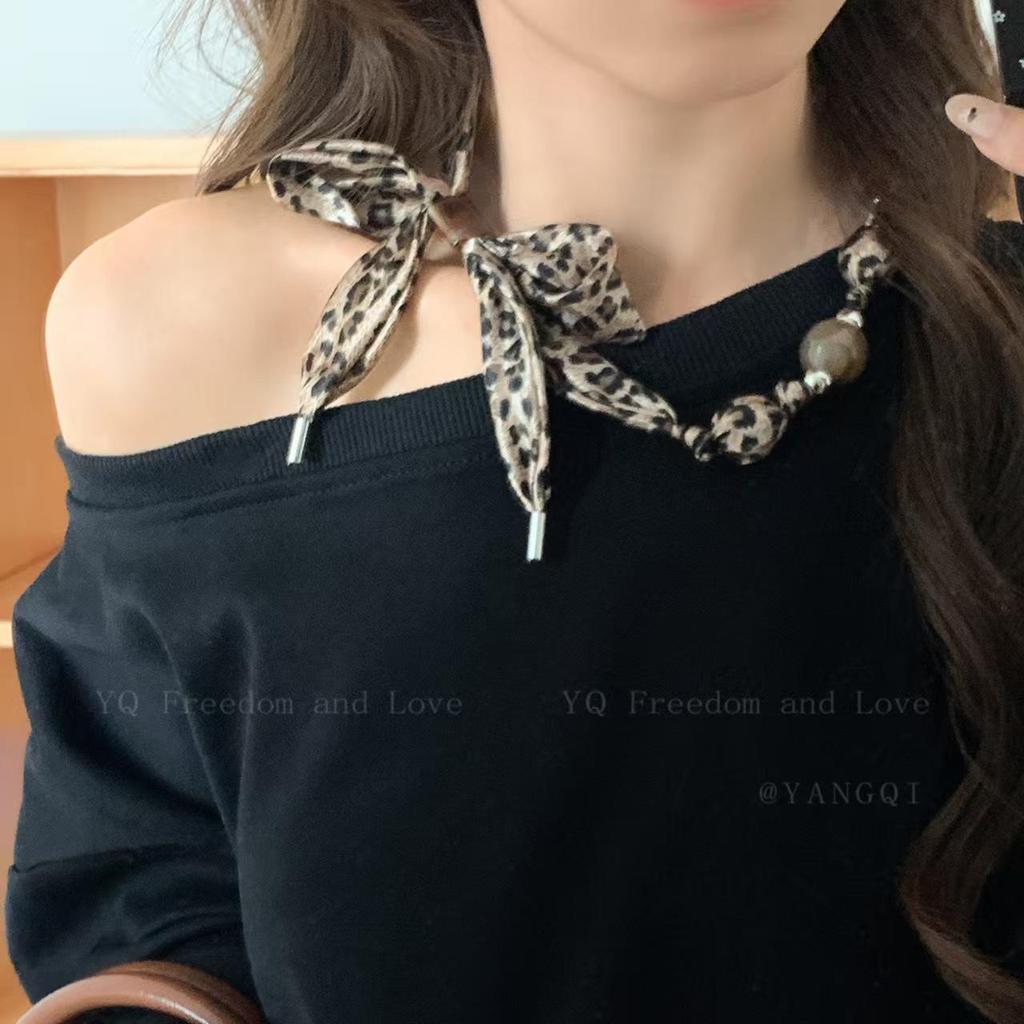 Meillard Women's Leopard Print Silk Scarf Necklace with Fabric Flower and Unique Drawstring Design