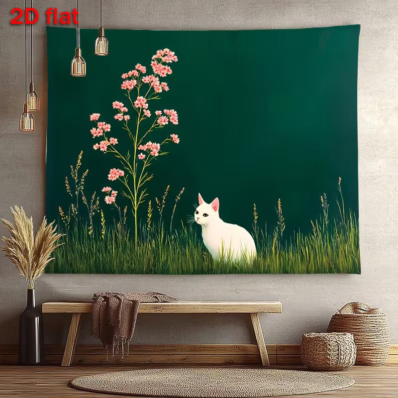 2D Vintage Floral White Cat Nature Style Dorm Tapestry 47.2x31.5inch/120*80cm
