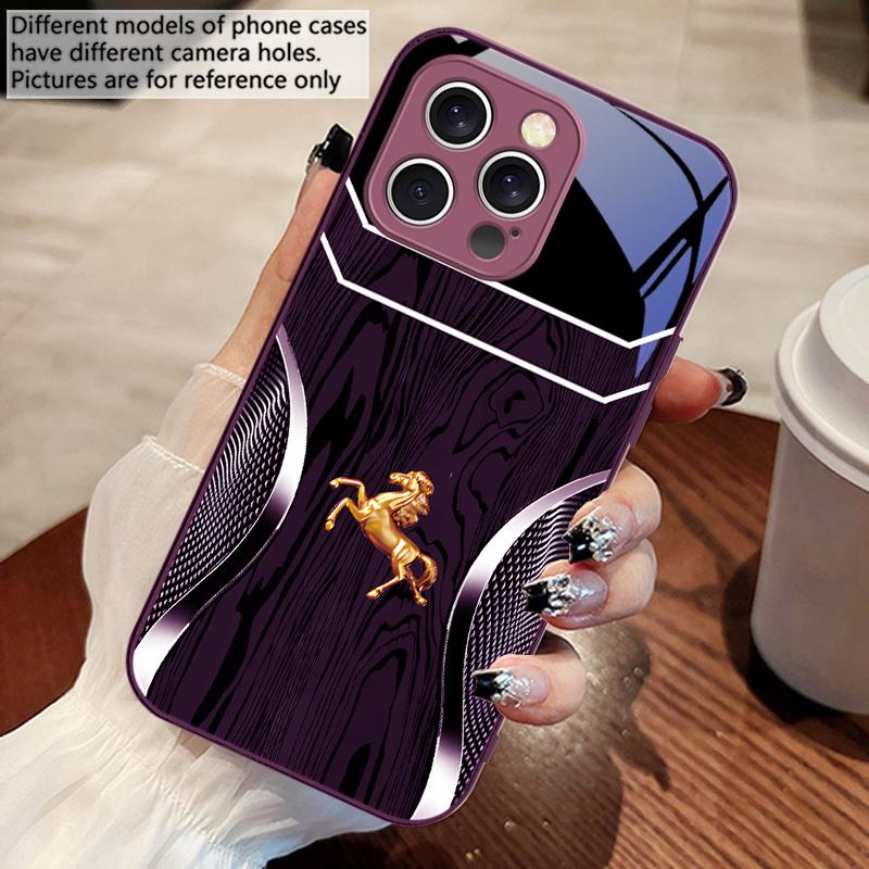 Wood Grain Golden Horse For IPhone 16 Pro Max 15 Pro 14 13 12 Mini 11 XS M Ax XR 7 8 Plu SE 2022 Tempered Glass Phone Case