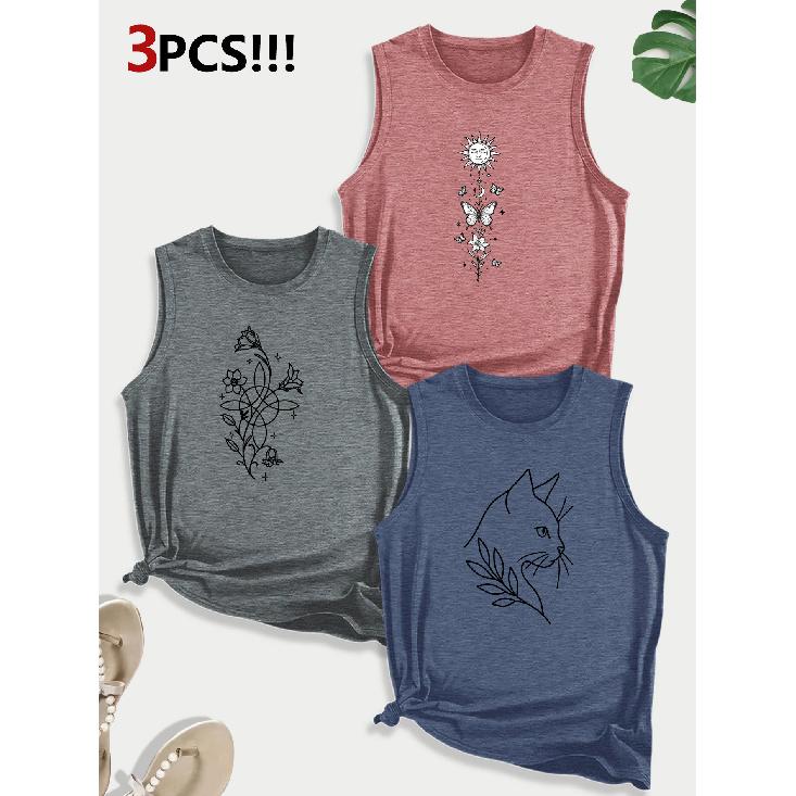 Sunflower Cat Line Art Combination Gift Print Pattern Round Neck3Pack of Sleeveless Vests for Women In Spring, Summer, and Autumn