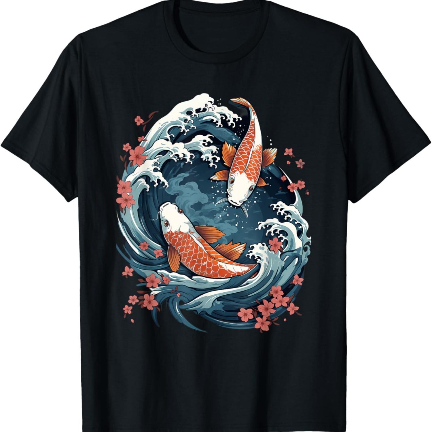 Koi Carp Ying Yang Nishikigoi Fish Cherry Blossom T-Shirt(85) S чёрный